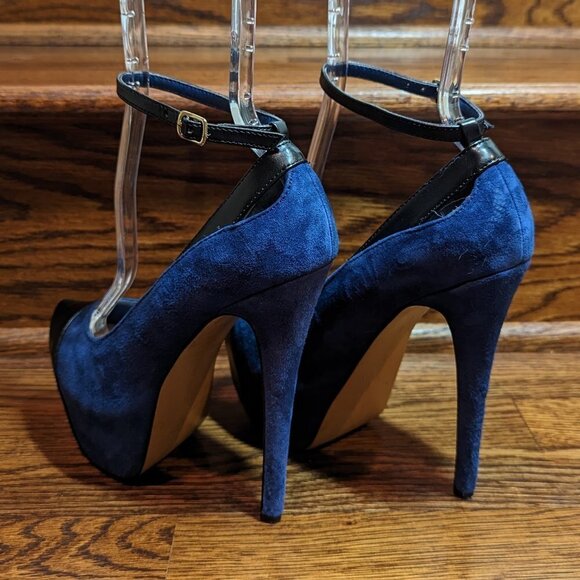 H by Halston Size 6M Blue Suede Platform Stilletto High Heels Black Leather t… - Picture 5 of 8